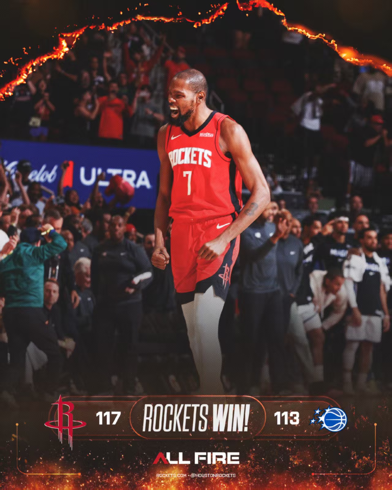 Flammerne er blusset op igen! Durant fører an i Rockets' genopblussen i vesten i sin klassiske røde Rockets-trøje.